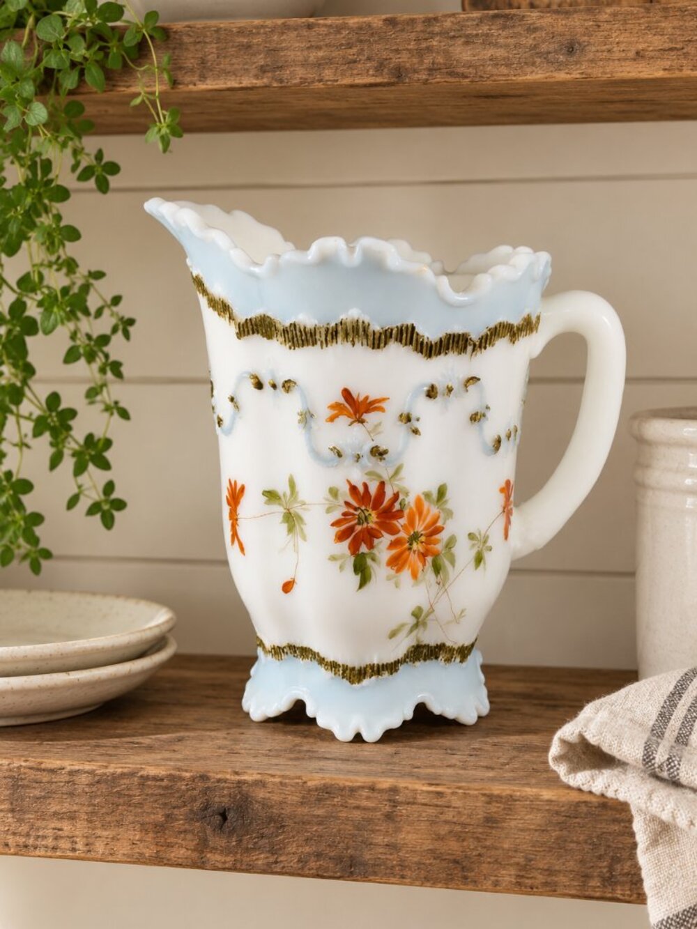 Vintage Hand Painted Milk Glass Pitcher Water Water Jug Floral Gold Trim #189